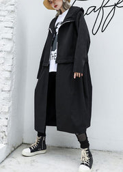 Luxury Loose fitting long hooded outwear black patchwork pockets coats - bagstylebliss