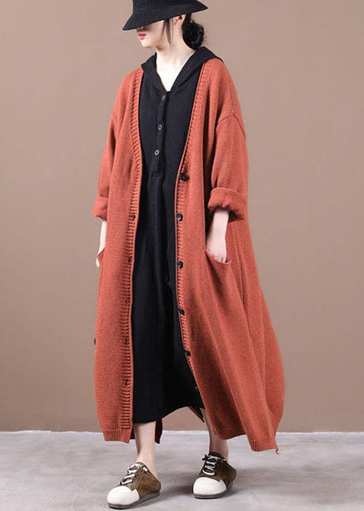 Luxury Orange Red Pockets Fall Long Knit Coat - bagstylebliss