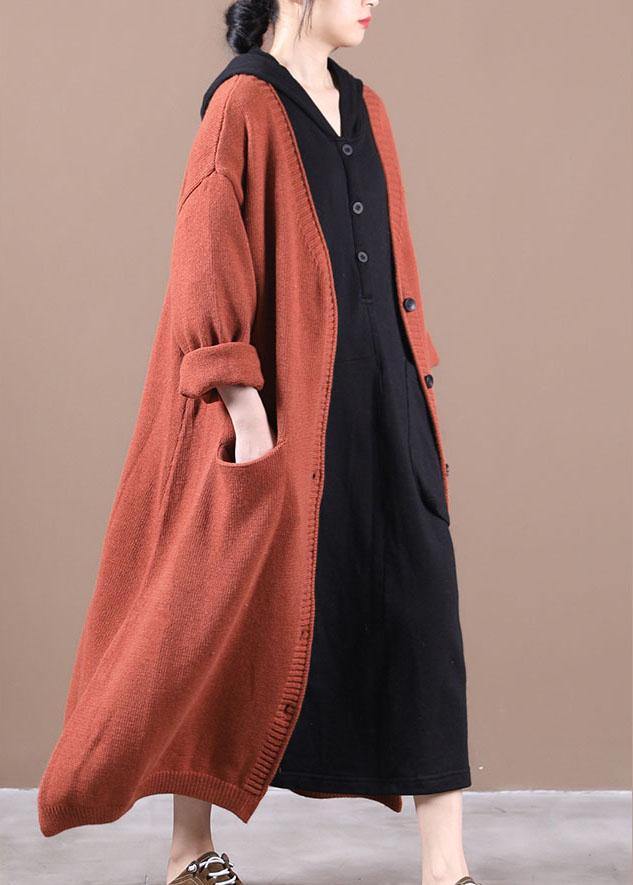 Luxury Orange Red Pockets Fall Long Knit Coat - bagstylebliss