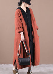 Luxury Orange Red Pockets Fall Long Knit Coat - bagstylebliss