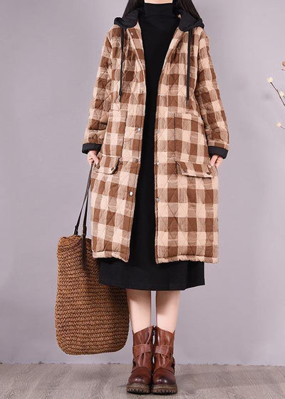 Luxury Oversize Outwear Chocolate Plaid Hooded Pockets Casual Outfit - bagstylebliss