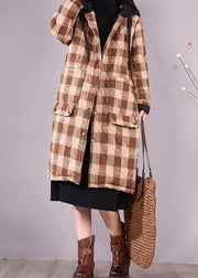 Luxury Oversize Outwear Chocolate Plaid Hooded Pockets Casual Outfit - bagstylebliss