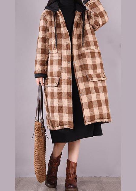 Luxury Oversize Outwear Chocolate Plaid Hooded Pockets Casual Outfit - bagstylebliss