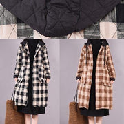 Luxury Oversize Outwear Chocolate Plaid Hooded Pockets Casual Outfit - bagstylebliss