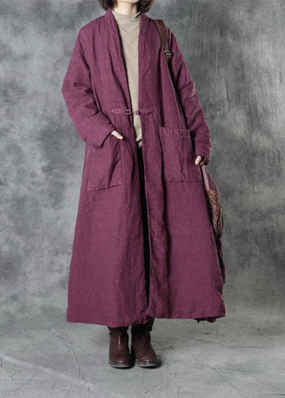 Luxury Purple Linen Button Pockets Winter Cotton Parka Long Sleeve - bagstylebliss