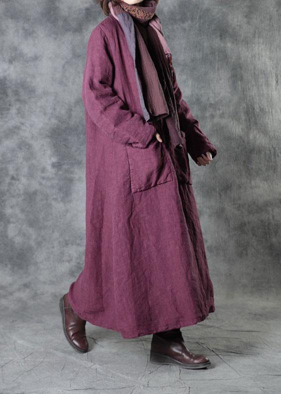 Luxury Purple Linen Button Pockets Winter Cotton Parka Long Sleeve - bagstylebliss