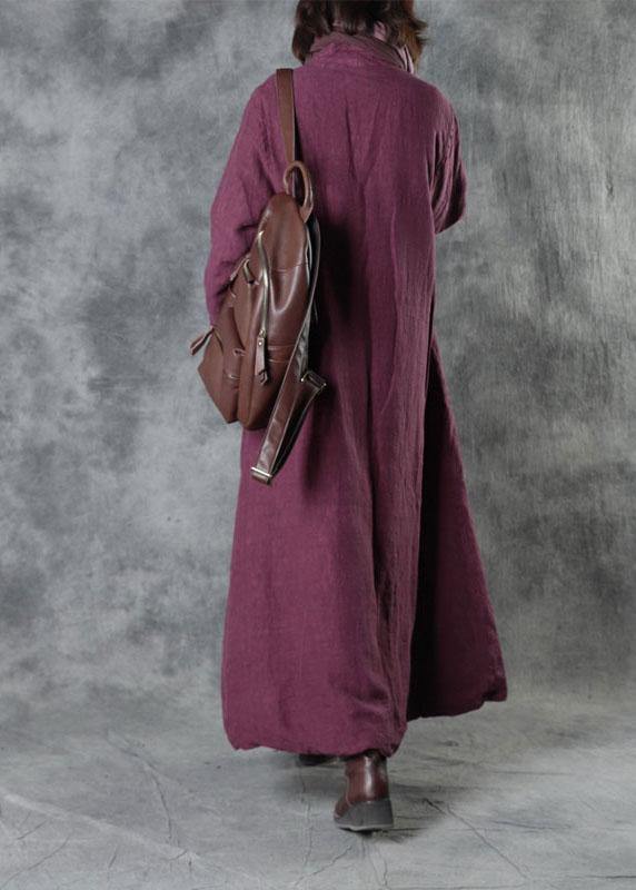 Luxury Purple Linen Button Pockets Winter Cotton Parka Long Sleeve - bagstylebliss