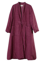 Luxury Purple Linen Button Pockets Winter Cotton Parka Long Sleeve - bagstylebliss