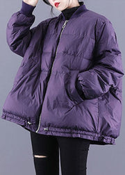 Luxury Purple Zippered Pockets Drawstring Winter Down Coats Long sleeve