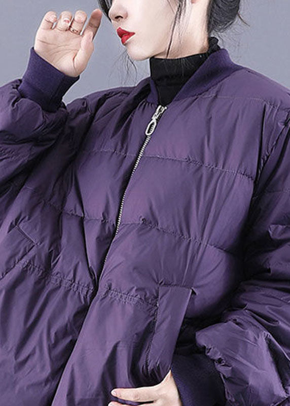 Luxury Purple Zippered Pockets Drawstring Winter Down Coats Long sleeve