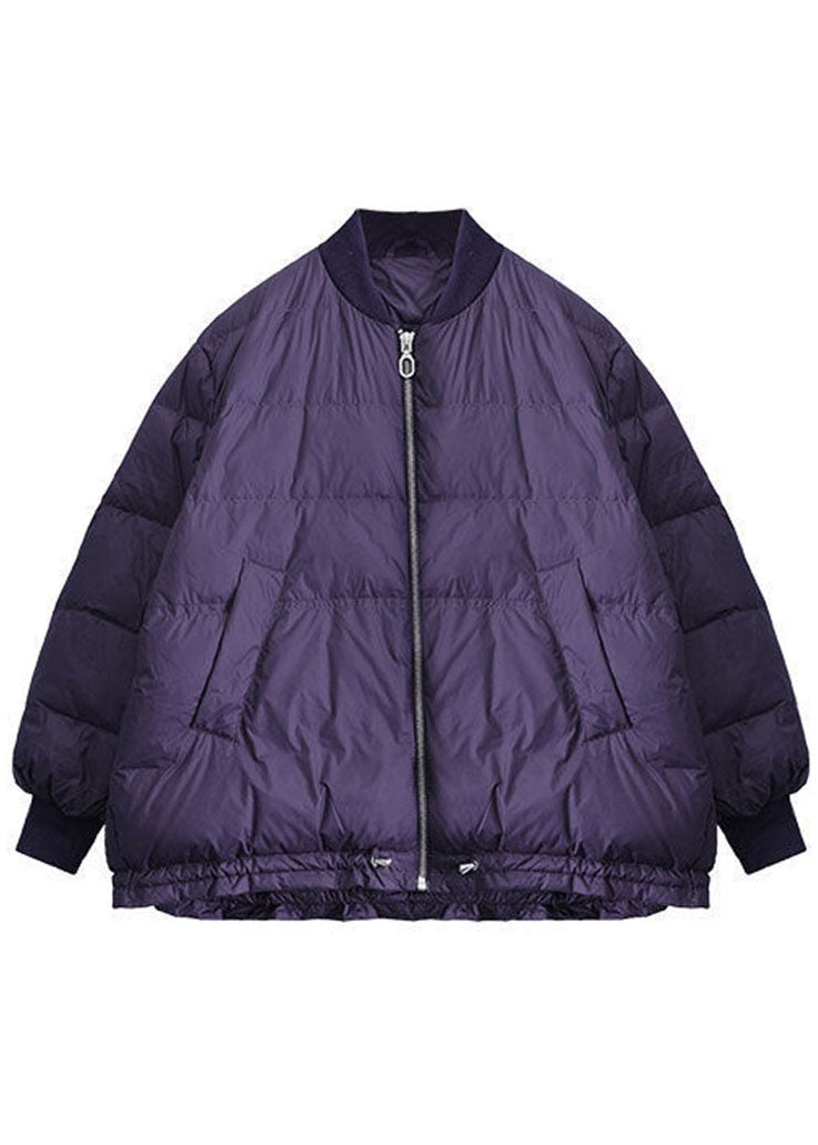 Luxury Purple Zippered Pockets Drawstring Winter Down Coats Long sleeve