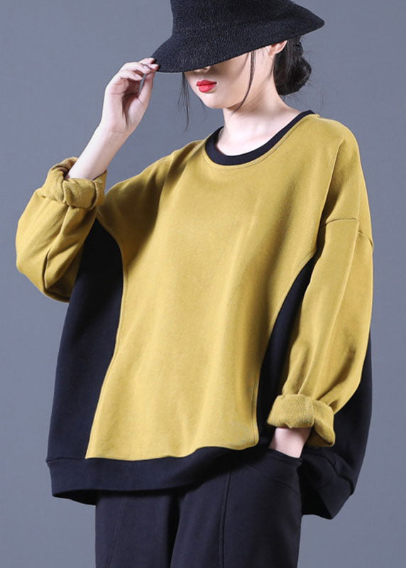 Luxury Yellow O-Neck Patchwork Loose Fall Pullover Street Wear