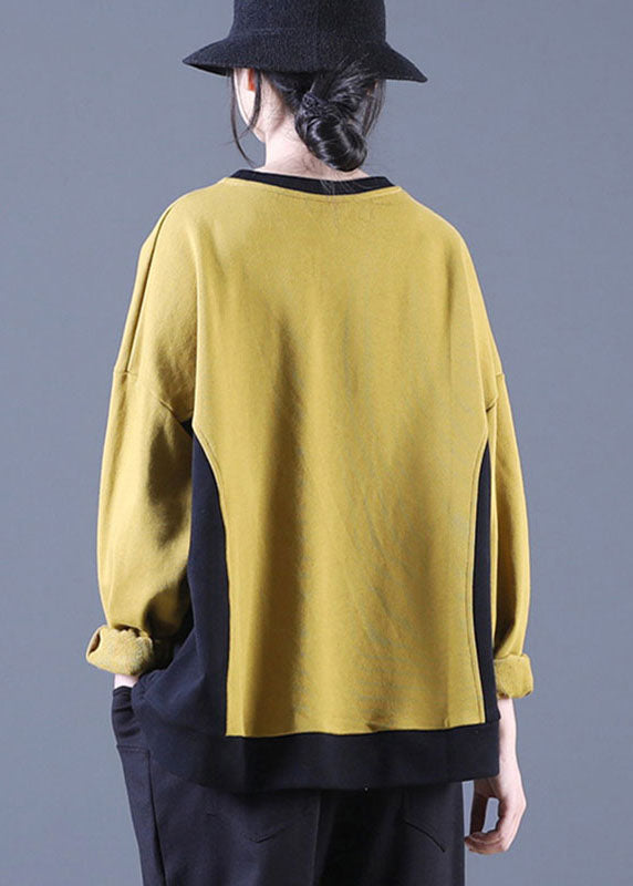 Luxury Yellow O-Neck Patchwork Loose Fall Pullover Street Wear