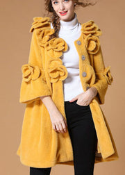 Luxury Yellow Pockets Button Floral Fall Coat