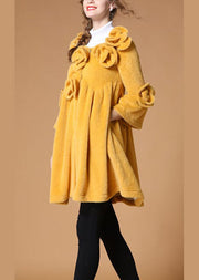 Luxury Yellow Pockets Button Floral Fall Coat