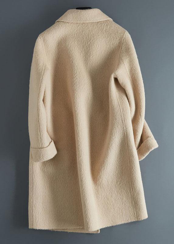 Luxury beige woolen outwear Loose fitting mid-length coats Notched jacket long sleeve - bagstylebliss