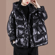 Luxury Black Down Coat Winter Loose-fitting Down Jacket Hooded Zippered Warm Coats - bagstylebliss