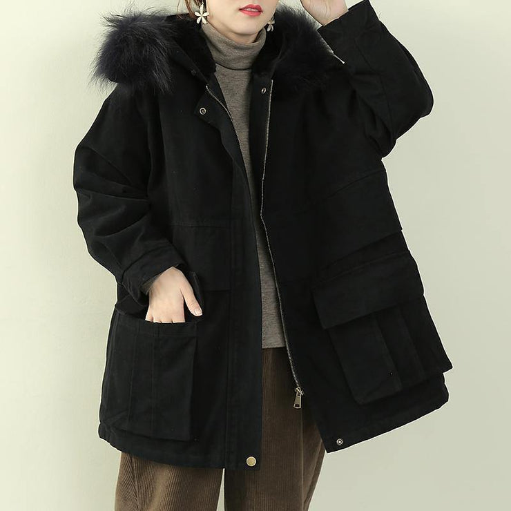 Luxury black winter coats plus size clothing hooded faux fur collar overcoat - bagstylebliss