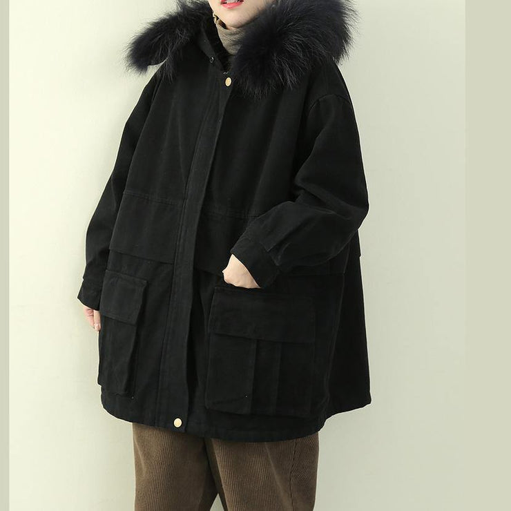 Luxury black winter coats plus size clothing hooded faux fur collar overcoat - bagstylebliss