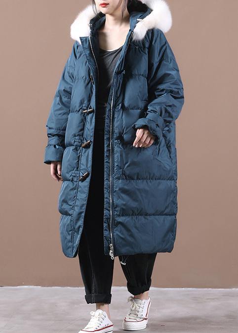 Luxury blue warm winter coat plus size pockets snow jackets hooded fur collar Elegant Jackets - bagstylebliss
