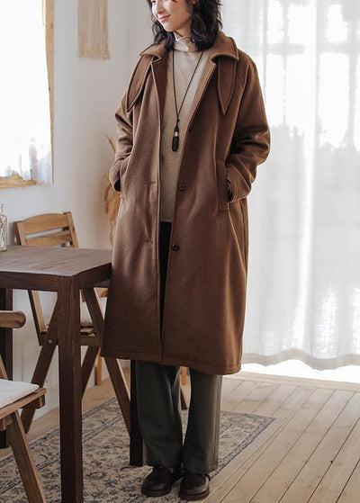 Luxury brown wool coat for woman oversize pockets Notched Coats - bagstylebliss