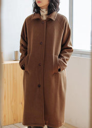 Luxury brown wool coat for woman oversize pockets Notched Coats - bagstylebliss