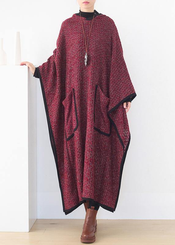 Luxury burgundy woolen outwear oversize hooded large hem long outwear - bagstylebliss