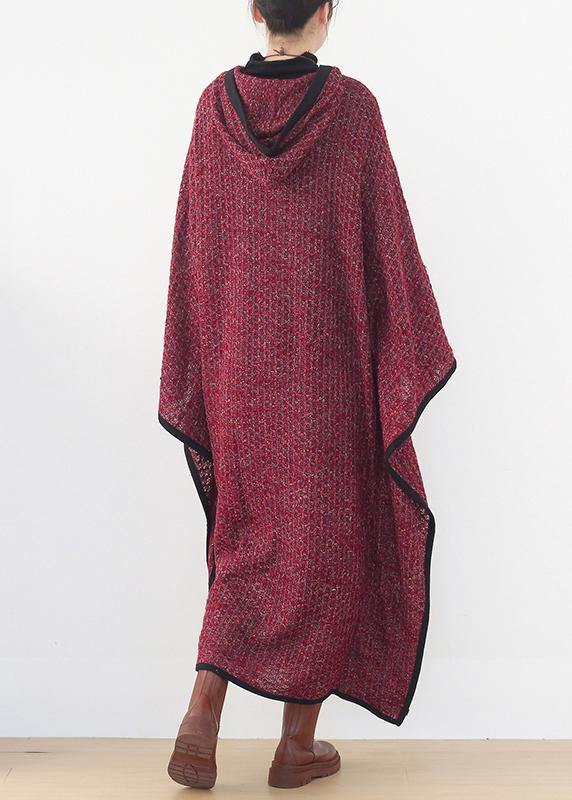 Luxury burgundy woolen outwear oversize hooded large hem long outwear - bagstylebliss