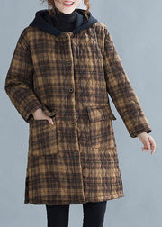 Luxury casual warm winter coat coats yellow plaid hooded pockets coat - bagstylebliss