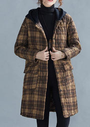 Luxury casual warm winter coat coats yellow plaid hooded pockets coat - bagstylebliss