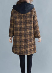 Luxury casual warm winter coat coats yellow plaid hooded pockets coat - bagstylebliss