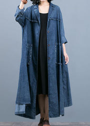 Luxury denim blue coat oversize fall coat Notched Large pockets Coats - bagstylebliss