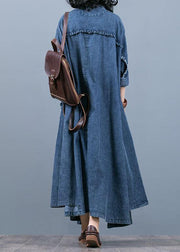 Luxury denim blue coat oversize fall coat Notched Large pockets Coats - bagstylebliss