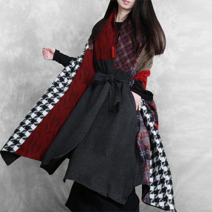 Luxury floral Woolen Coat Women Loose fitting v neck patchwork tie waist maxi coat - bagstylebliss