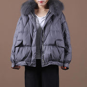 Luxury gray down jacket woman Loose fitting winter fur collar zippered hooded New Jackets - bagstylebliss