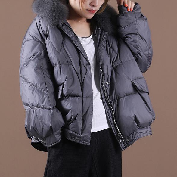 Luxury gray down jacket woman Loose fitting winter fur collar zippered hooded New Jackets - bagstylebliss