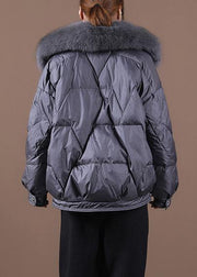 Luxury gray down jacket woman Loose fitting winter fur collar zippered hooded New Jackets - bagstylebliss