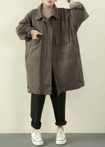 Luxury gray green casual outfit trendy plus size winter jacket lapel zippered overcoat - bagstylebliss