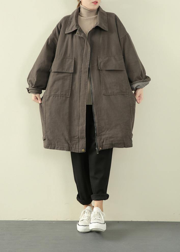 Luxury gray green casual outfit trendy plus size winter jacket lapel zippered overcoat - bagstylebliss