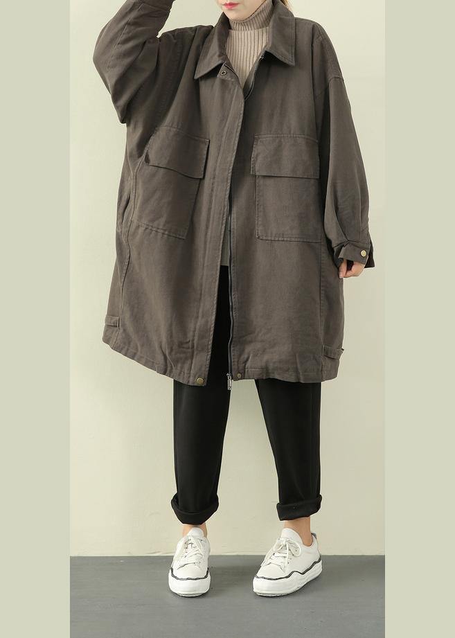 Luxury gray green casual outfit trendy plus size winter jacket lapel zippered overcoat - bagstylebliss