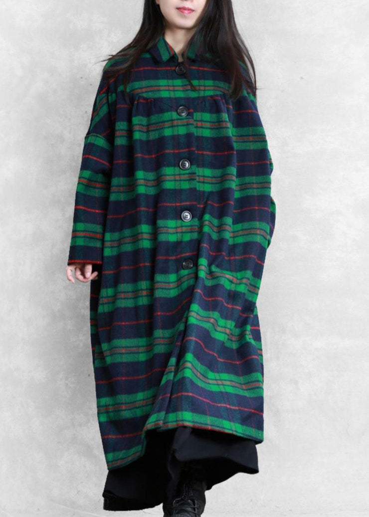 Luxury green plaid wool coat for woman casual Coats women Notched pockets coats - bagstylebliss