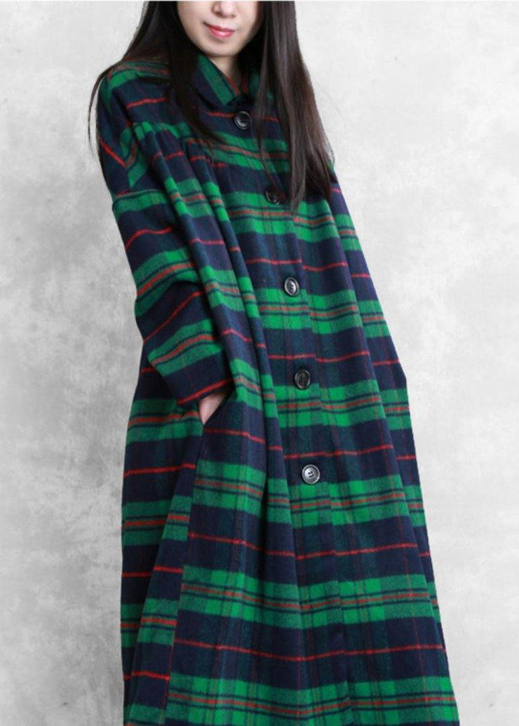 Luxury green plaid wool coat for woman casual Coats women Notched pockets coats - bagstylebliss