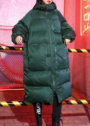 Luxury green winter parkas Loose fitting snow jackets winter hooded zippered coats - bagstylebliss
