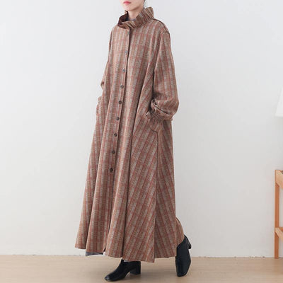 Luxury khaki plaid Woolen Coats plus size medium length jackets pockets Button Downwinter coat - bagstylebliss