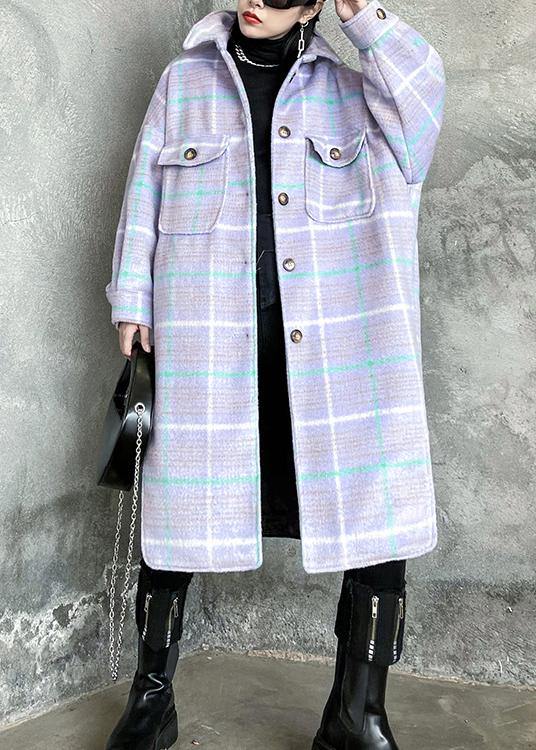 Luxury light blue plaid wool coat winter lapel asymmetric coats - bagstylebliss