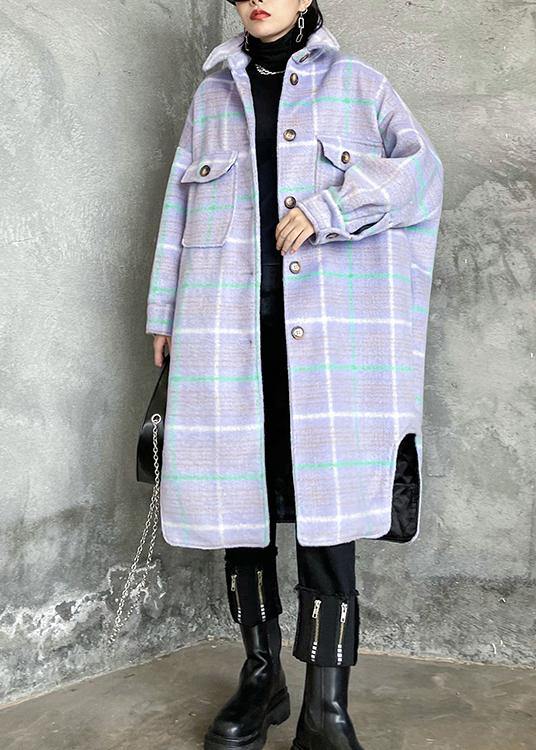 Luxury light blue plaid wool coat winter lapel asymmetric coats - bagstylebliss