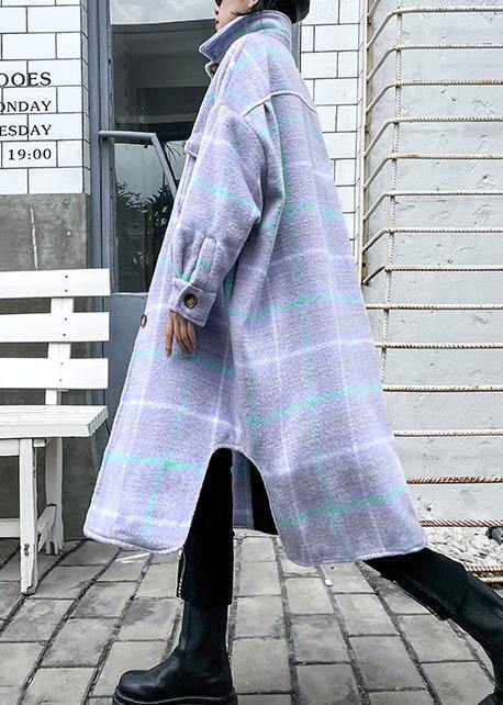 Luxury light blue plaid wool coat winter lapel asymmetric coats - bagstylebliss