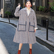 Luxury navy striped maxi coat casual pockets side open Coats boutique Notched maxi coat