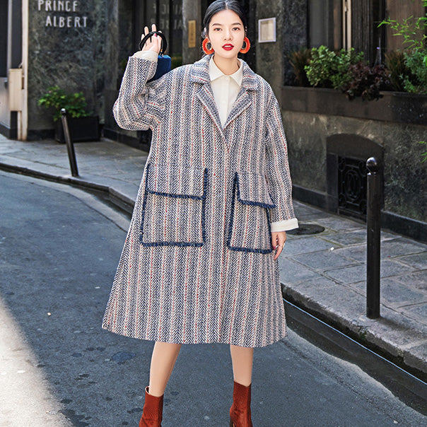 Luxury navy striped maxi coat casual pockets side open Coats boutique Notched maxi coat