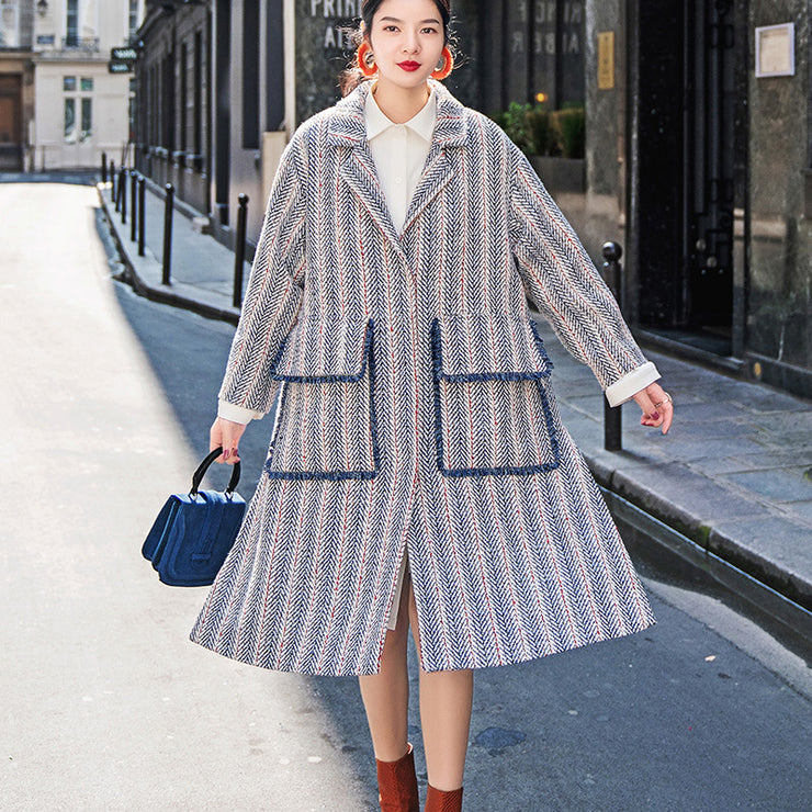 Luxury navy striped maxi coat casual pockets side open Coats boutique Notched maxi coat